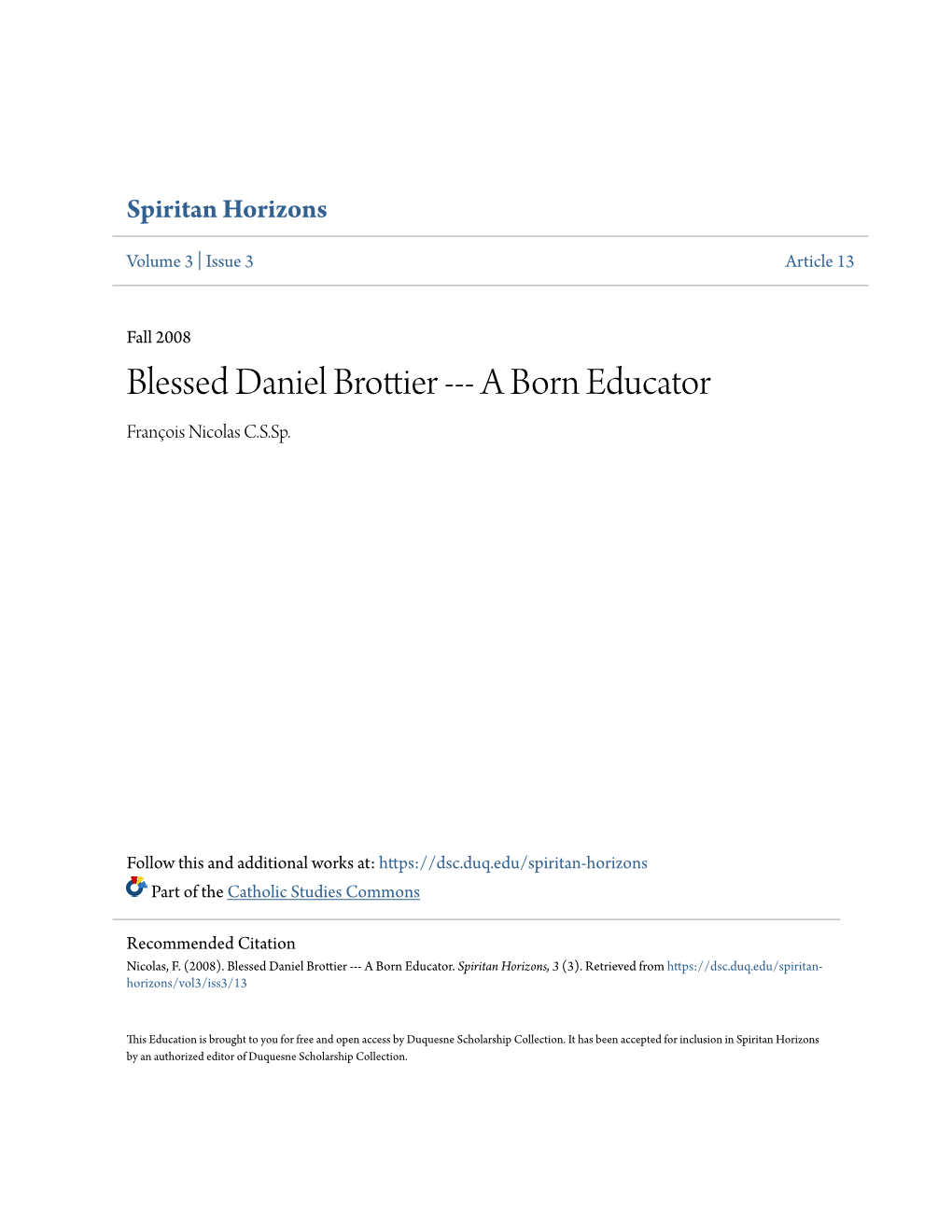 Blessed Daniel Brottier --- a Born Educator François Nicolas C.S.Sp