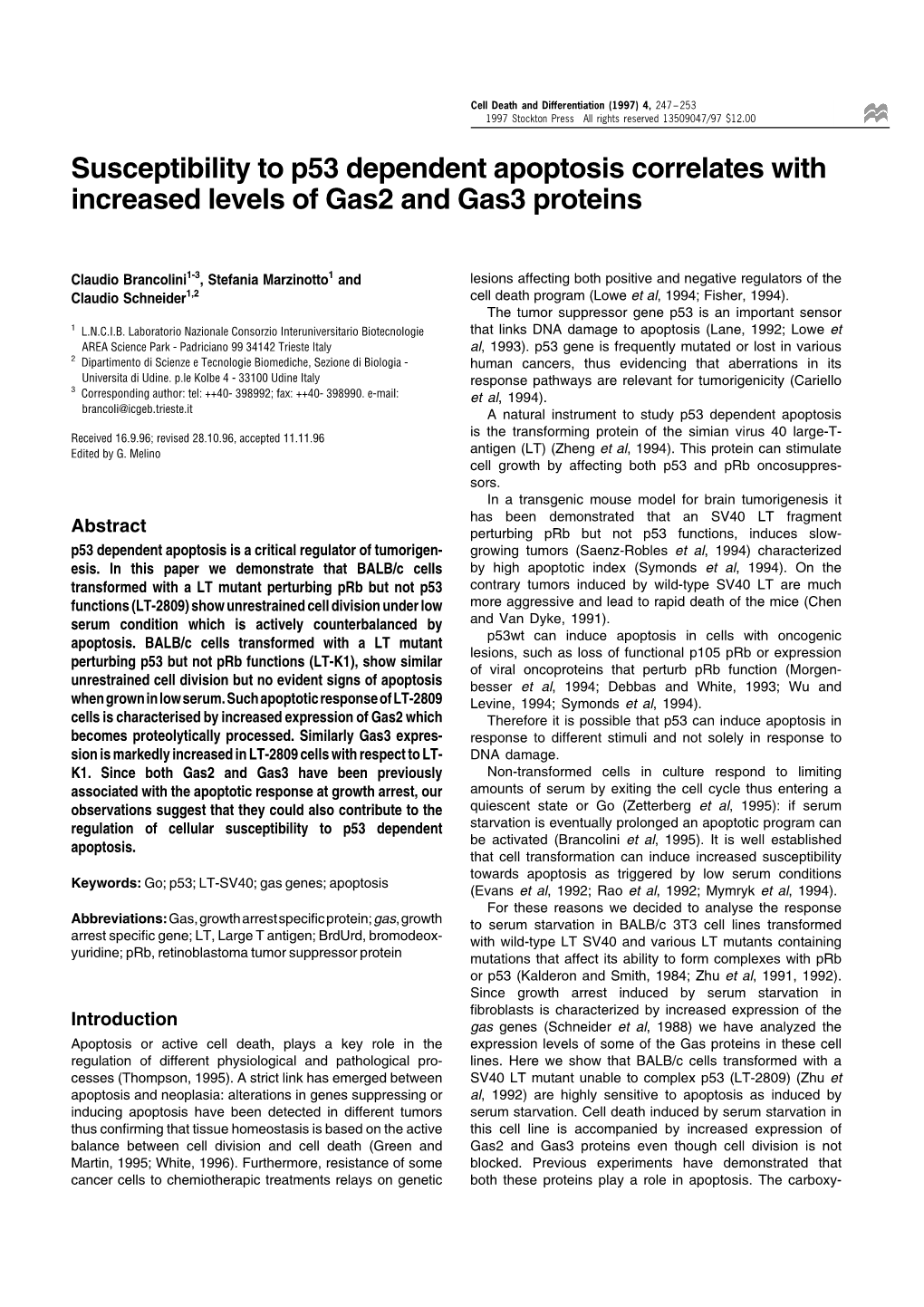 Susceptibility to P53 Dependent Apoptosis Correlates with Increased Levels of Gas2 and Gas3 Proteins