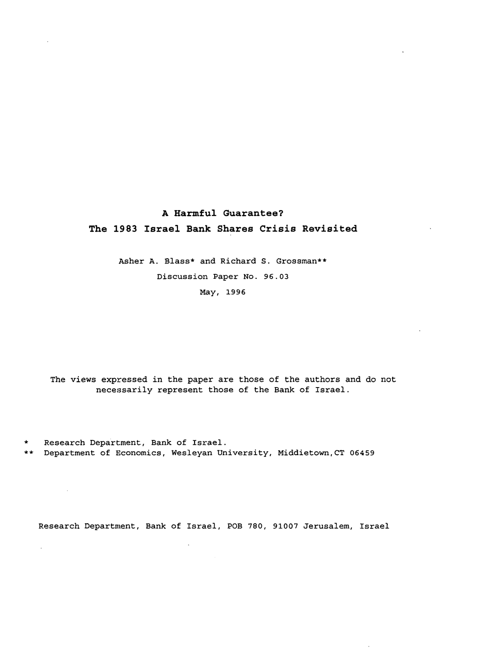 The 1983 Israel Bank Shares Crisis Revisited Discussion Paper No