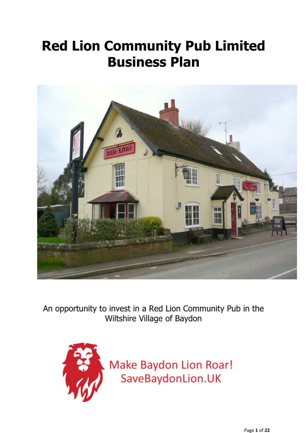 Red Lion Community Pub Limited Business Plan