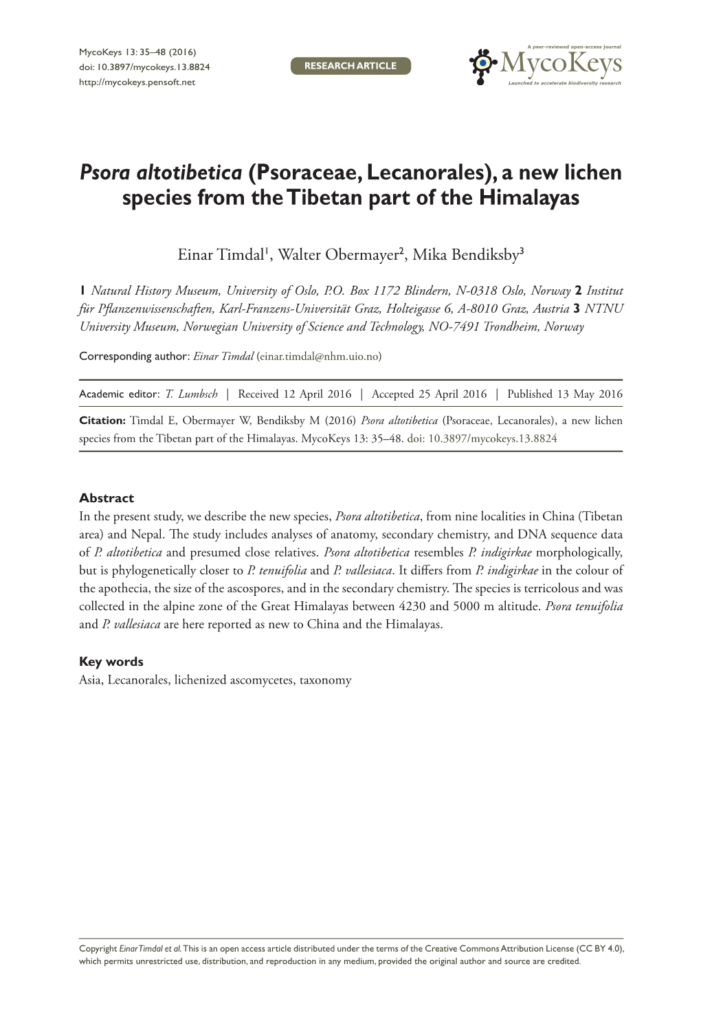 Psora Altotibetica (Psoraceae, Lecanorales), a New Lichen Species