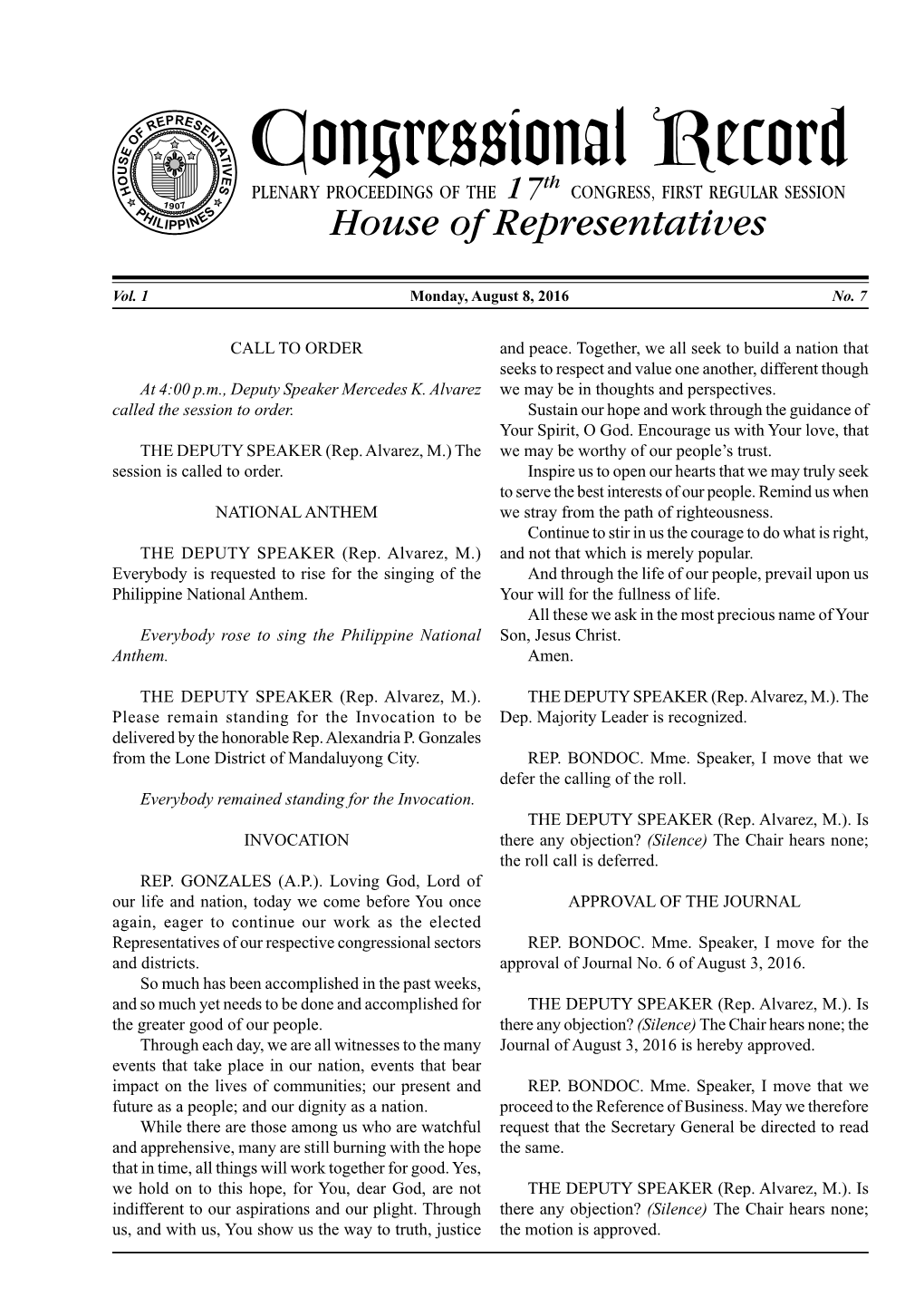 Congressional Record O H Th PLENARY PROCEEDINGS of the 17 CONGRESS, FIRST REGULAR SESSION 1 P 907 H S ILIPPINE House of Representatives