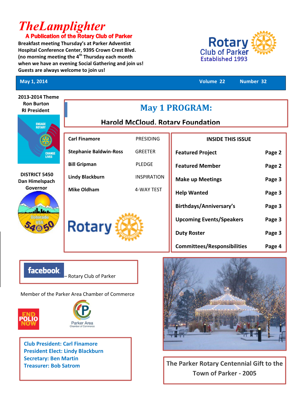 Thelamplighter a Publication of the Rotary Club of Parker Breakfast Meeting Thursday’S at Parker Adventist Hospital Conference Center, 9395 Crown Crest Blvd