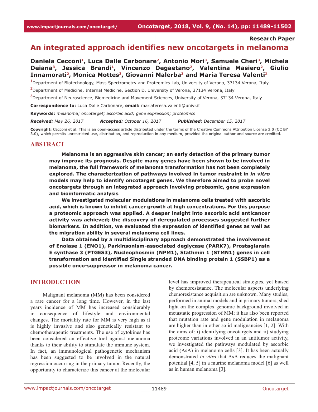 An Integrated Approach Identifies New Oncotargets in Melanoma