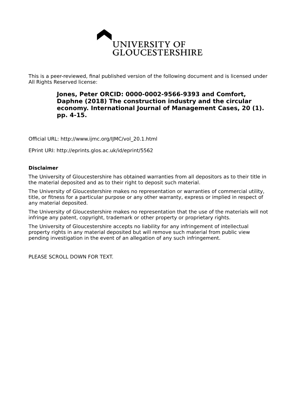 2018) the Construction Industry and the Circular Economy. International Journal of Management Cases, 20 (1