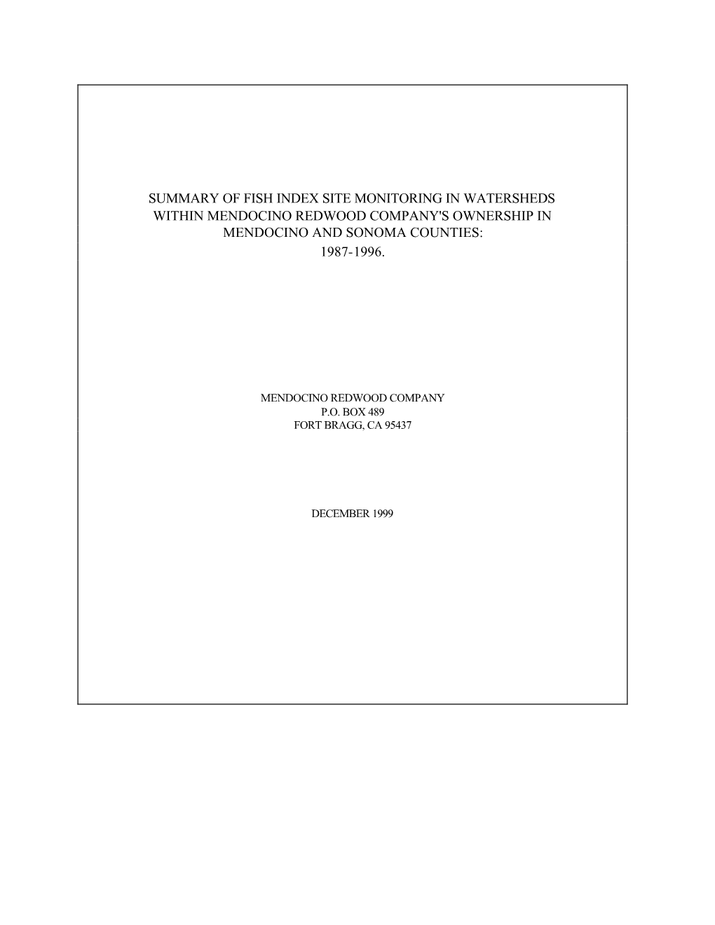 Mendocino Redwood Company's Ownership in Mendocino and Sonoma Counties: 1987-1996