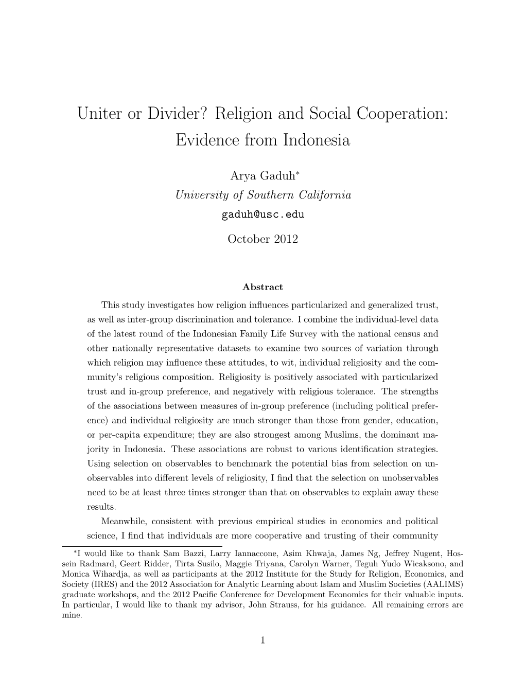 Uniter Or Divider? Religion and Social Cooperation: Evidence from Indonesia