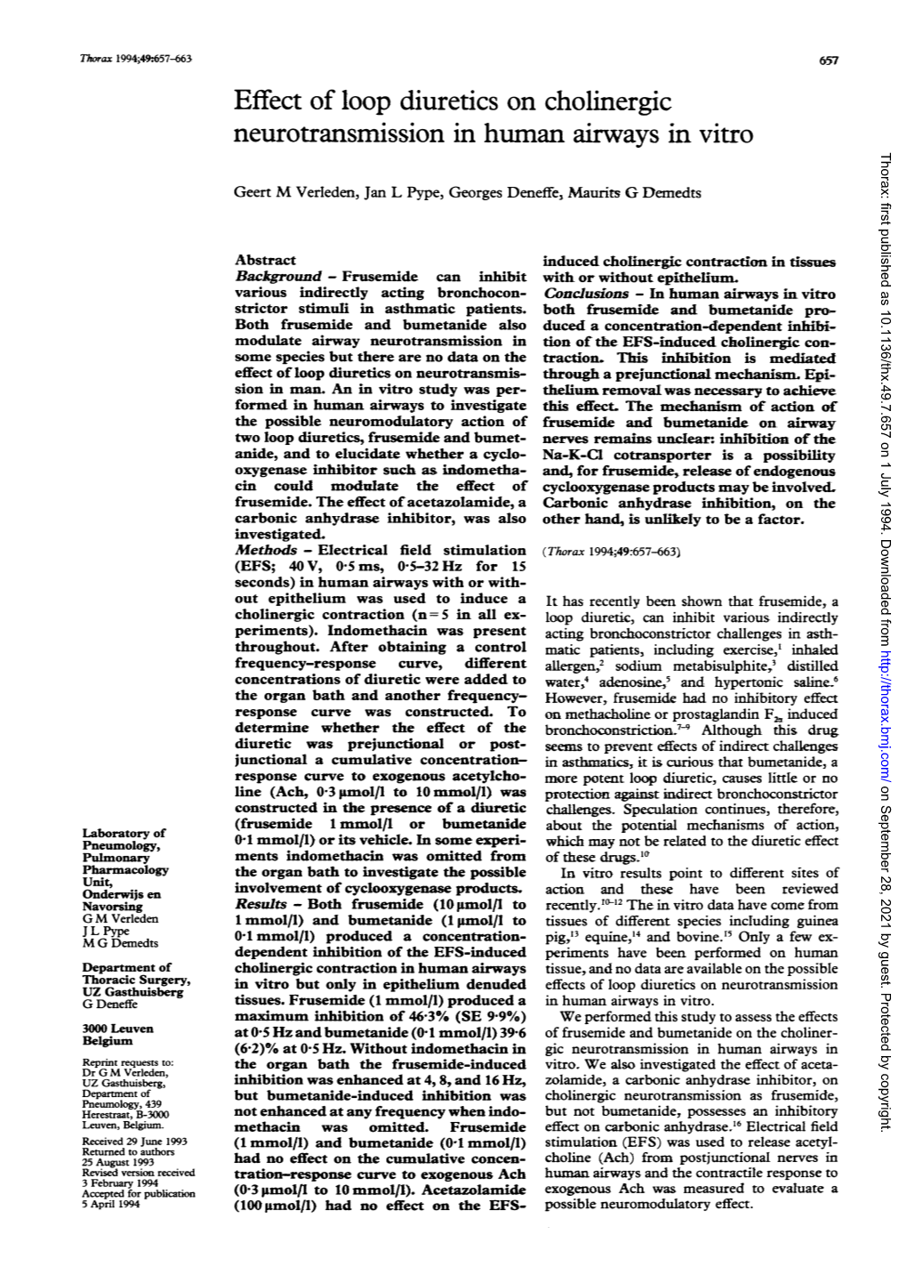 Effect of Loop Diuretics on Cholinergic Neurotransmission in Human Airways in Vitro Thorax: First Published As 10.1136/Thx.49.7.657 on 1 July 1994