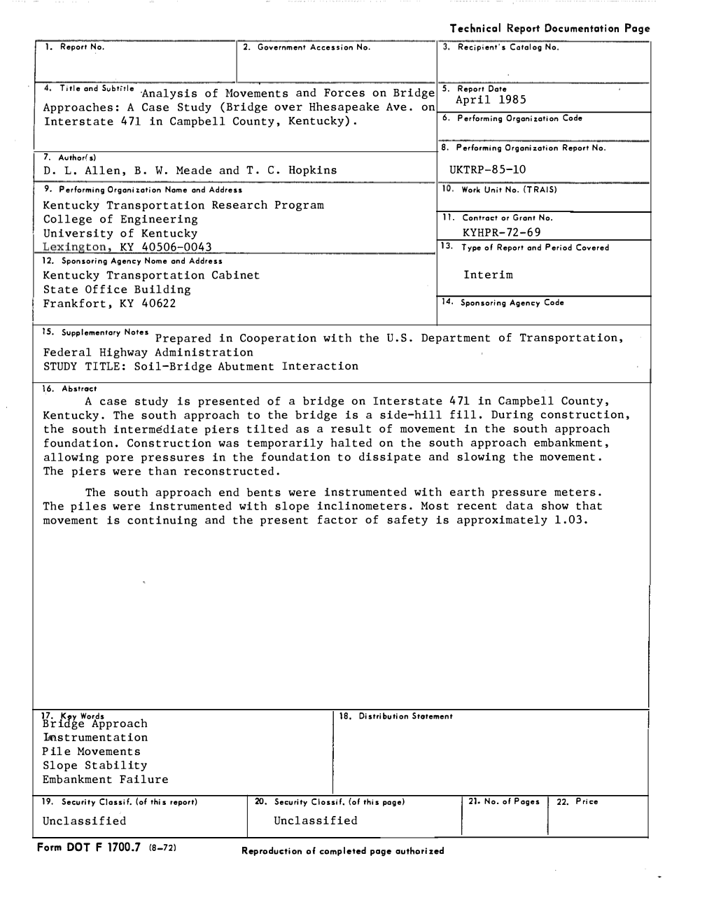 Analysis of Movements and Forces on Bridge Approaches: a Case Study (Bridge Over Chesapeake Avenue on Interstate 471 in Campbell County, Kentucky)