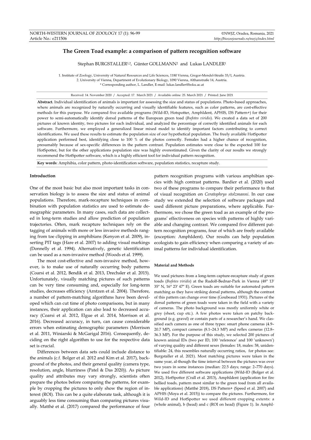 The Green Toad Example: a Comparison of Pattern Recognition Software