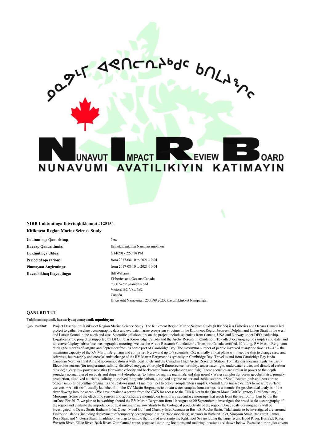 Page 1 NIRB Vuktuutinga Ihivriuqhikhamut #125154 Kitikmeot