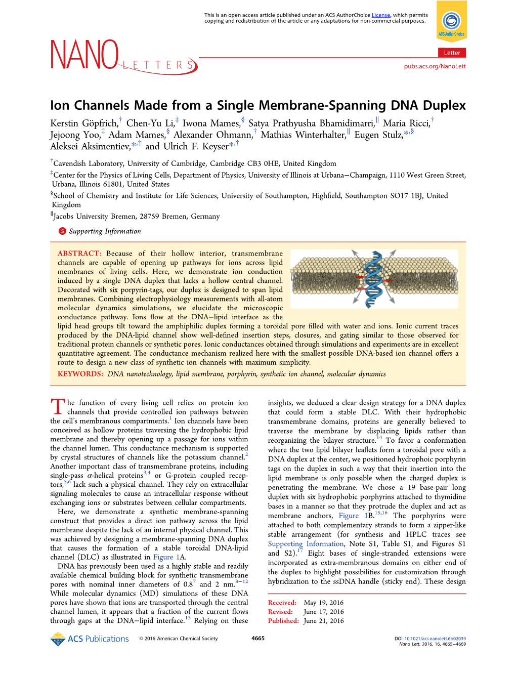 Ion Channels Made from a Single Membrane-Spanning DNA Duplex