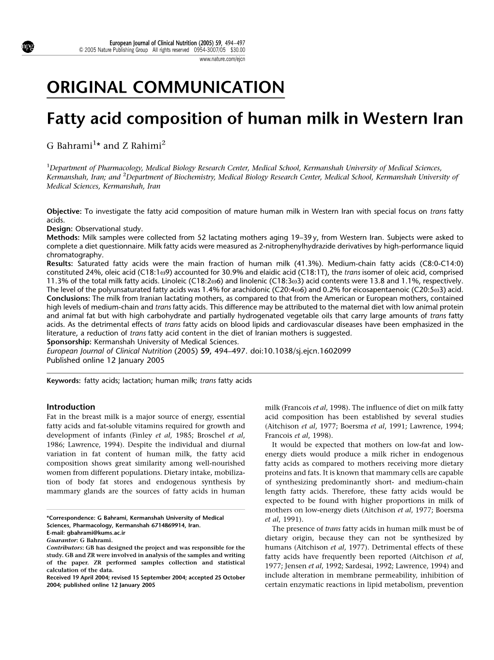 Fatty Acid Composition of Human Milk in Western Iran