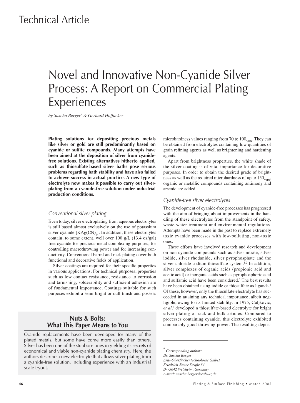 Novel and Innovative Non-Cyanide Silver Process: a Report on Commercial Plating Experiences by Sascha Berger* & Gerhard Hoffacker