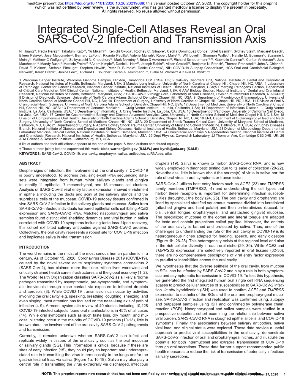 Integrated Single-Cell Atlases Reveal an Oral SARS-Cov-2 Infection and Transmission Axis