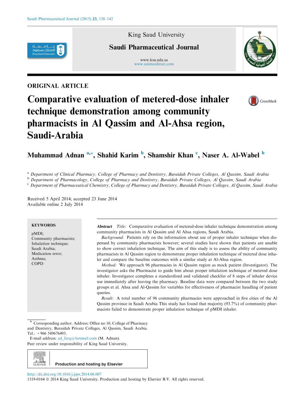 Comparative Evaluation of Metered-Dose Inhaler Technique Demonstration Among Community Pharmacists in Al Qassim and Al-Ahsa Region, Saudi-Arabia