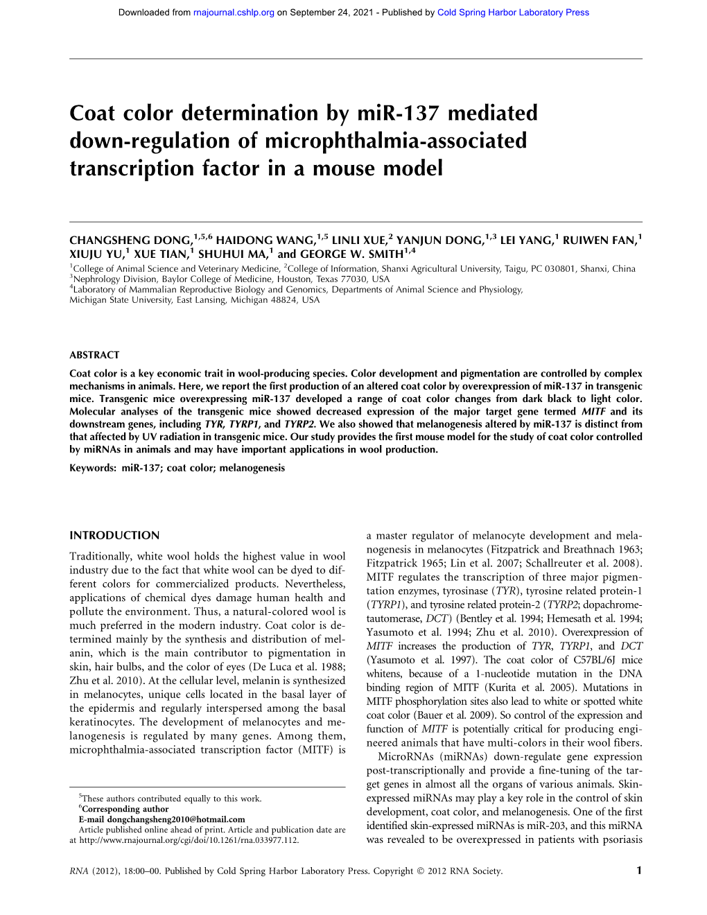 Coat Color Determination by Mir-137 Mediated Down-Regulation of Microphthalmia-Associated Transcription Factor in a Mouse Model