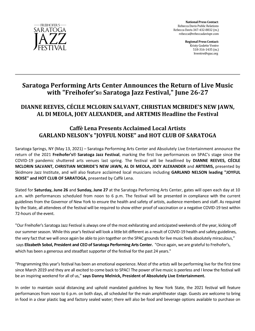 Freihofer's® Saratoga Jazz Festival, Marking the First Live Performances on SPAC's Stage Since the COVID-19 Pandemic Shuttered Arts Venues Last Spring