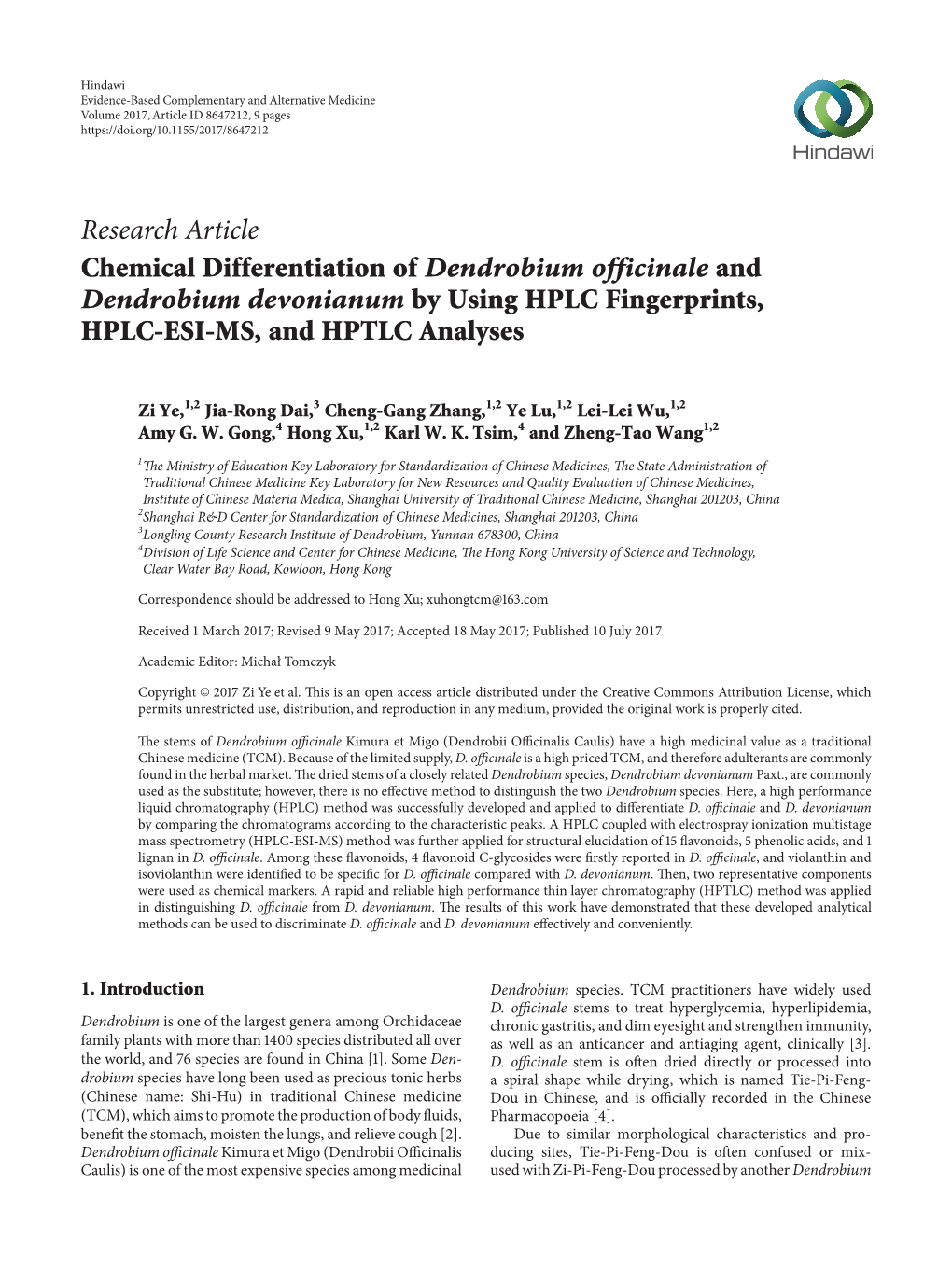 Chemical Differentiation of Dendrobium Officinale and Dendrobium Devonianum by Using HPLC Fingerprints, HPLC-ESI-MS, and HPTLC Analyses