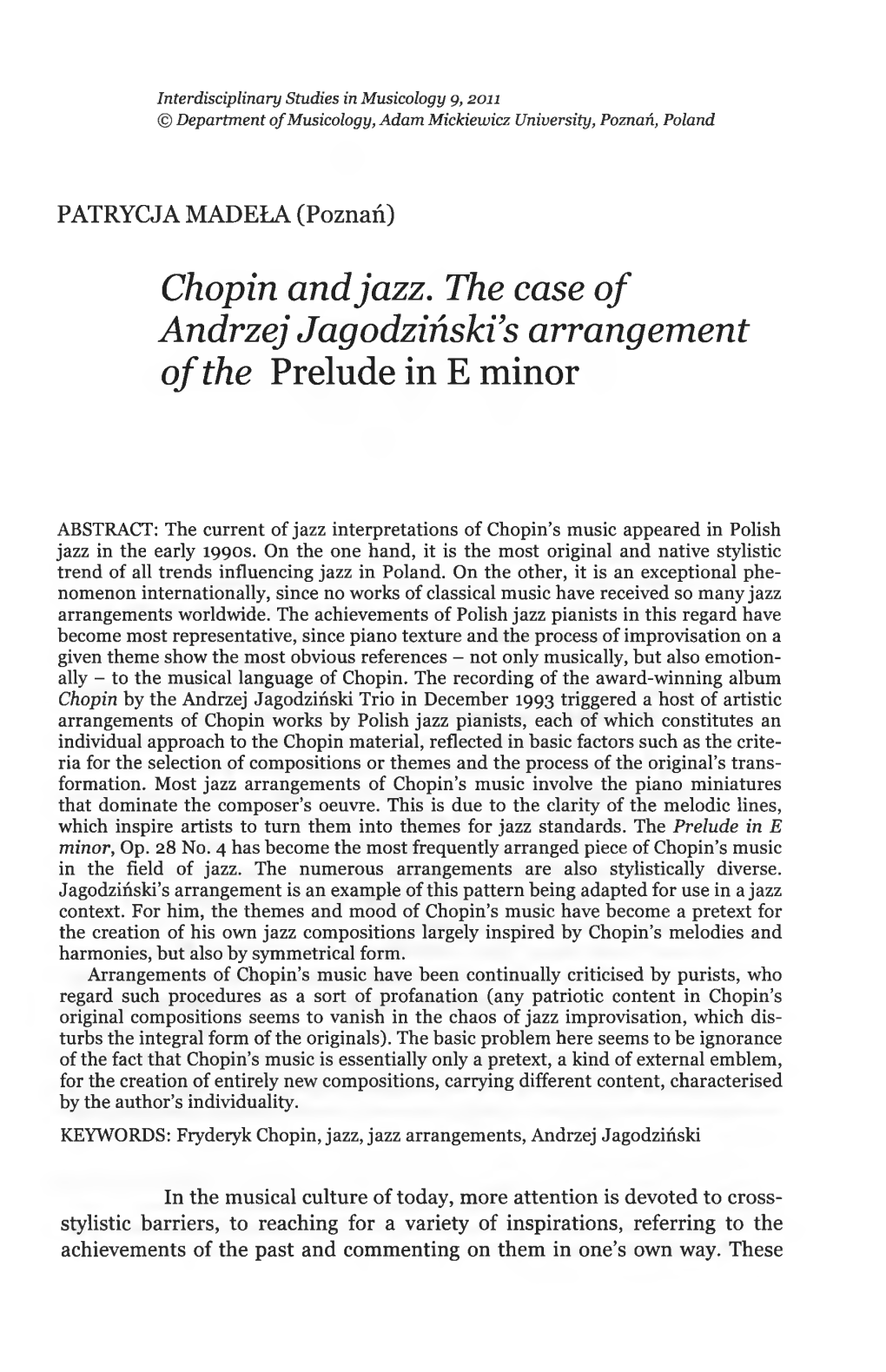 Chopin and Jazz. the Case of Andrzej Jagodziński's Arrangement Ofthe Prelude in E Minor