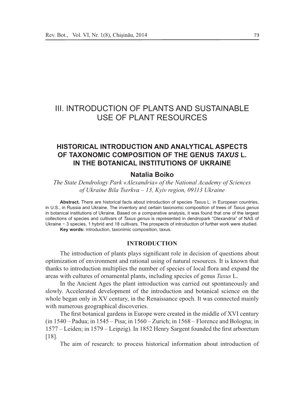 III. Introduction of Plants and Sustainable Use of Plant Resources