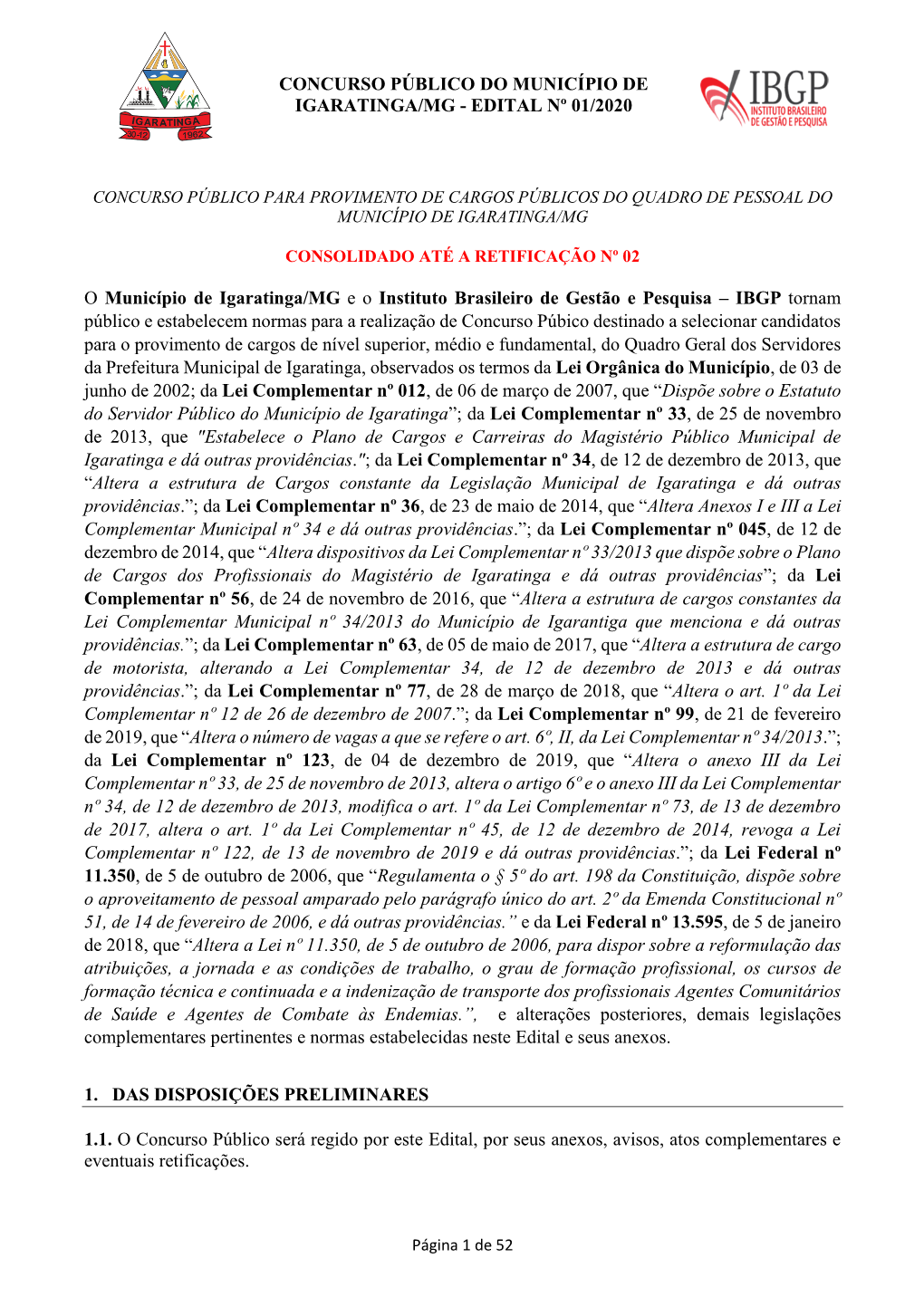 Concurso Público Do Município De Igaratinga/Mg - Edital Nº 01/2020