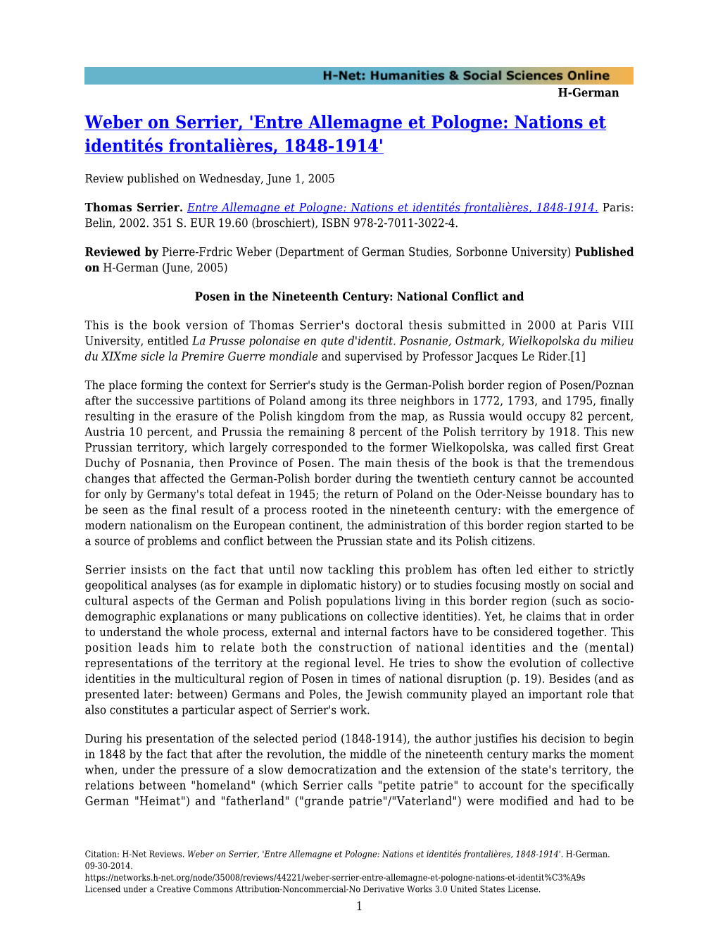 Weber on Serrier, 'Entre Allemagne Et Pologne: Nations Et Identités Frontalières, 1848-1914'