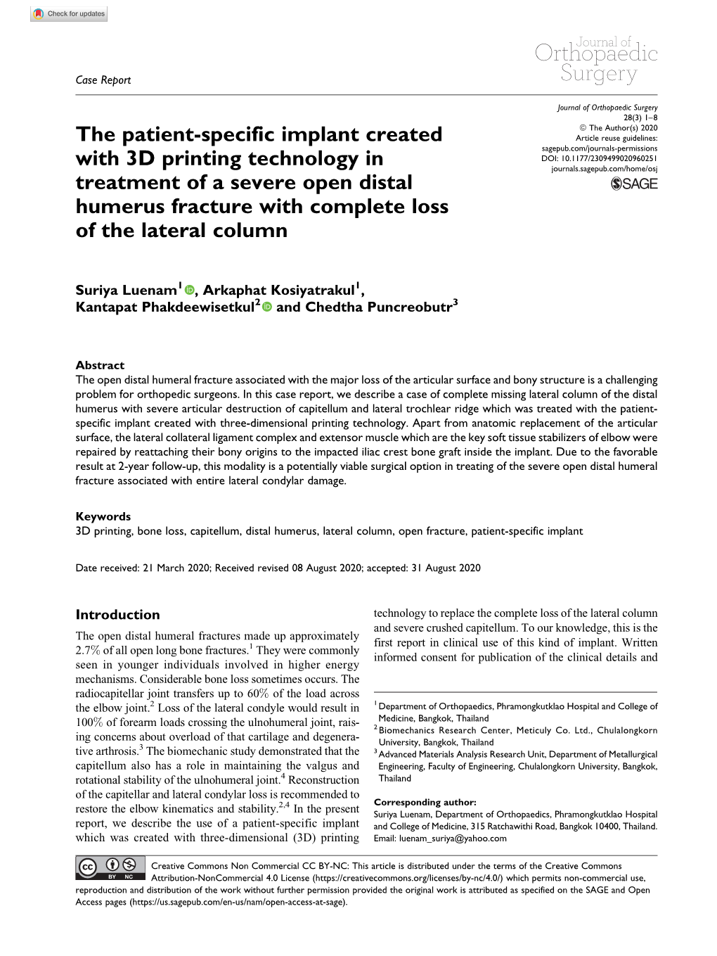The Patient-Specific Implant Created with 3D Printing Technology in Treatment of a Severe Open Distal Humerus Fracture with Comp