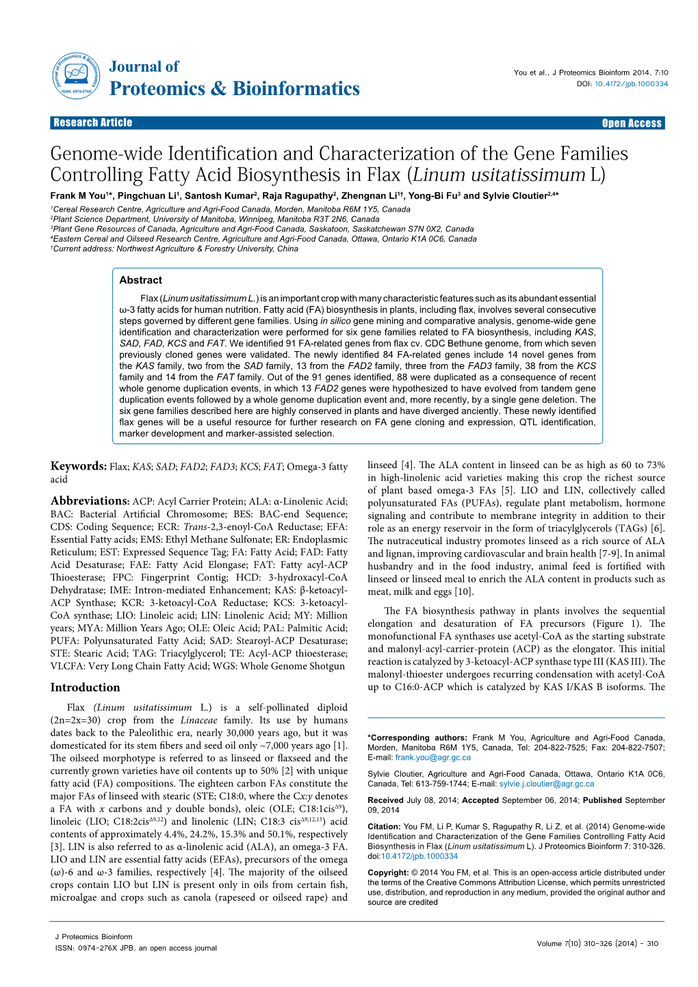 Genome-Wide Identification and Characterization of the Gene Families Controlling Fatty Acid Biosynthesis in Flax (Linum Usitatis