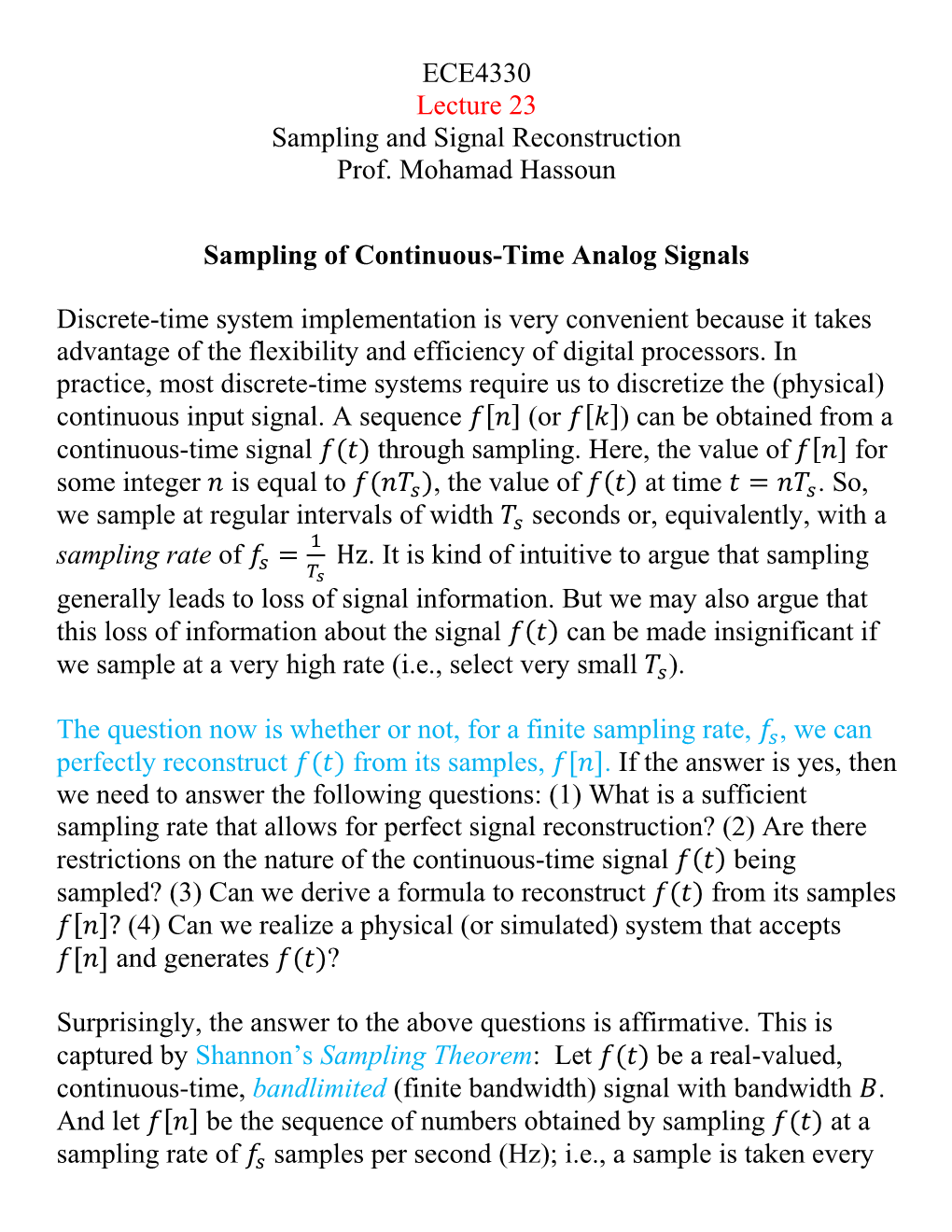 ECE4330 Lecture 23 Sampling and Signal Reconstruction Prof