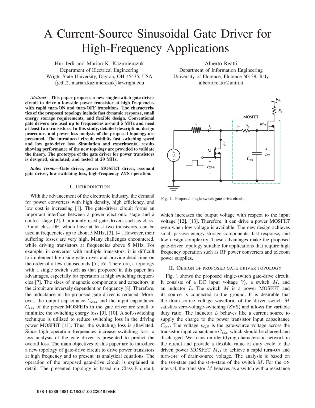 A Current-Source Sinusoidal Gate Driver for High-Frequency Applications