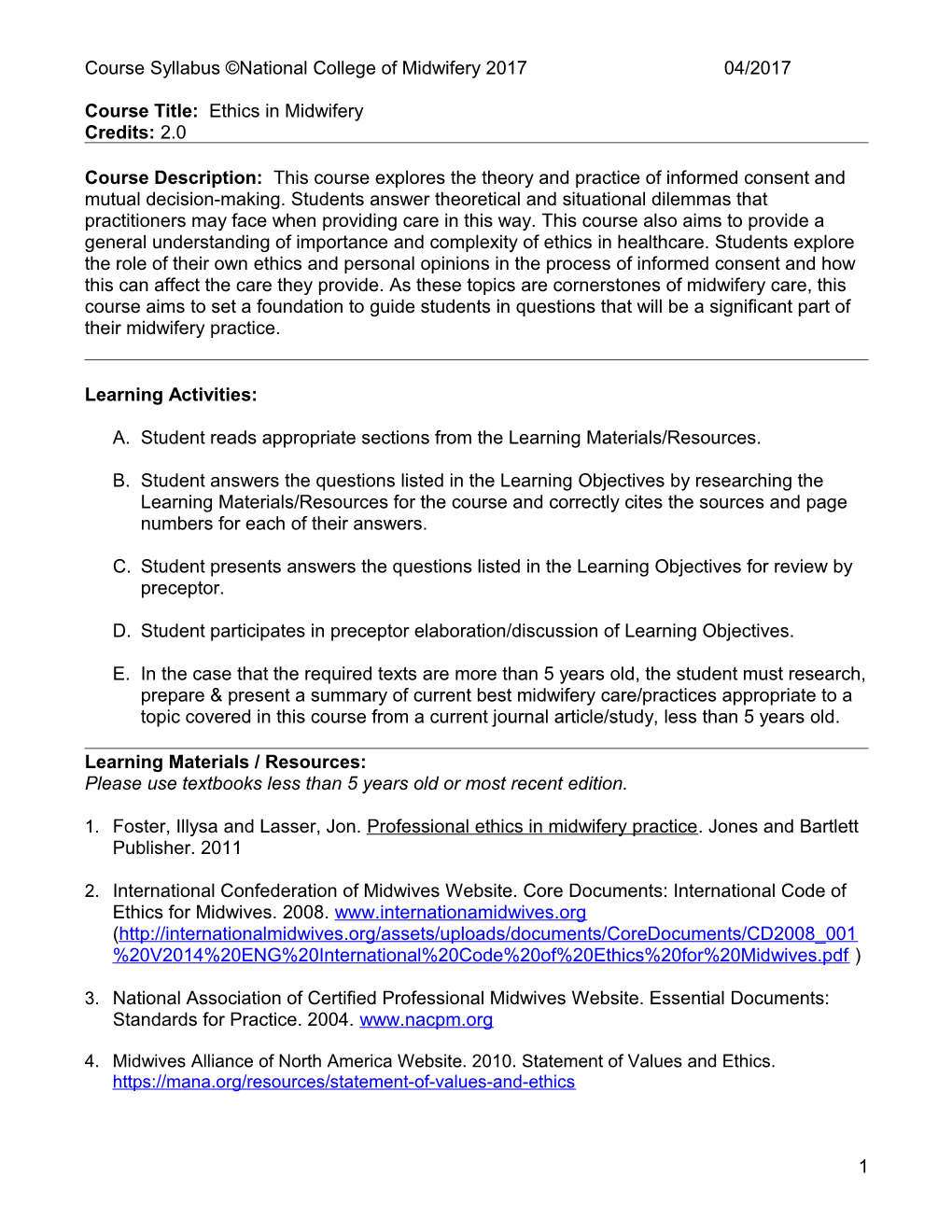 Course Title: Ethics In Midwifery