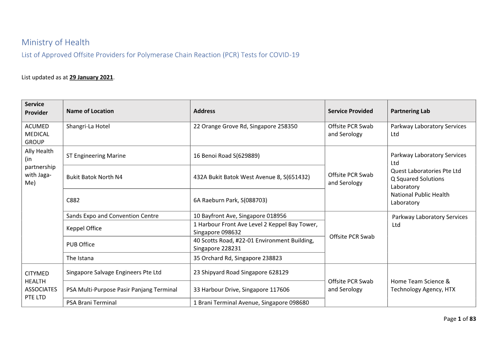 Ministry of Health List of Approved Offsite Providers for Polymerase Chain Reaction (PCR) Tests for COVID-19