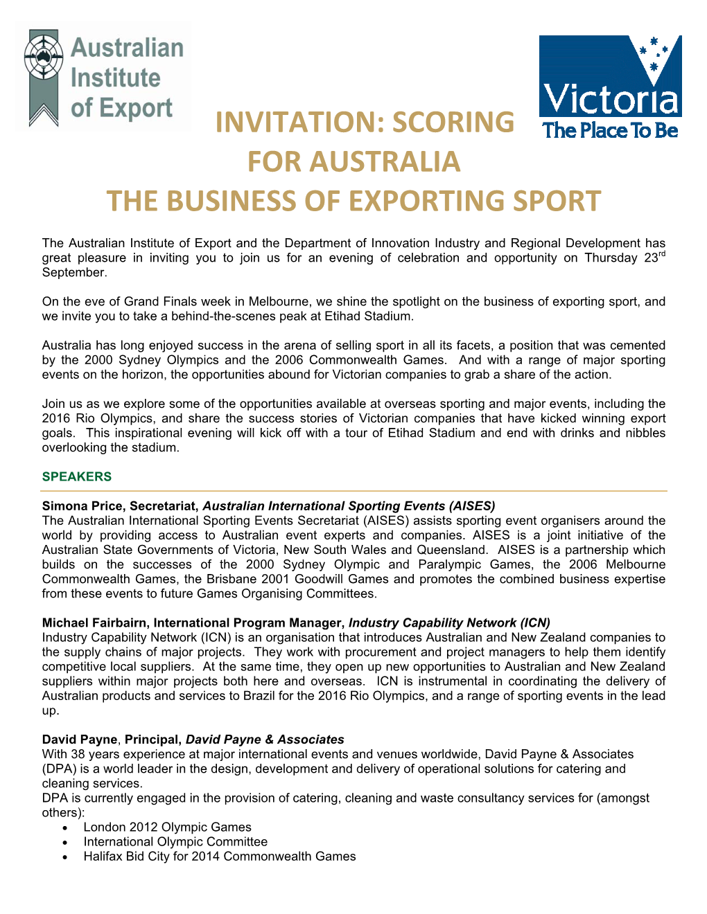 Invitation: Scoring for Australia the Business of Exporting Sport