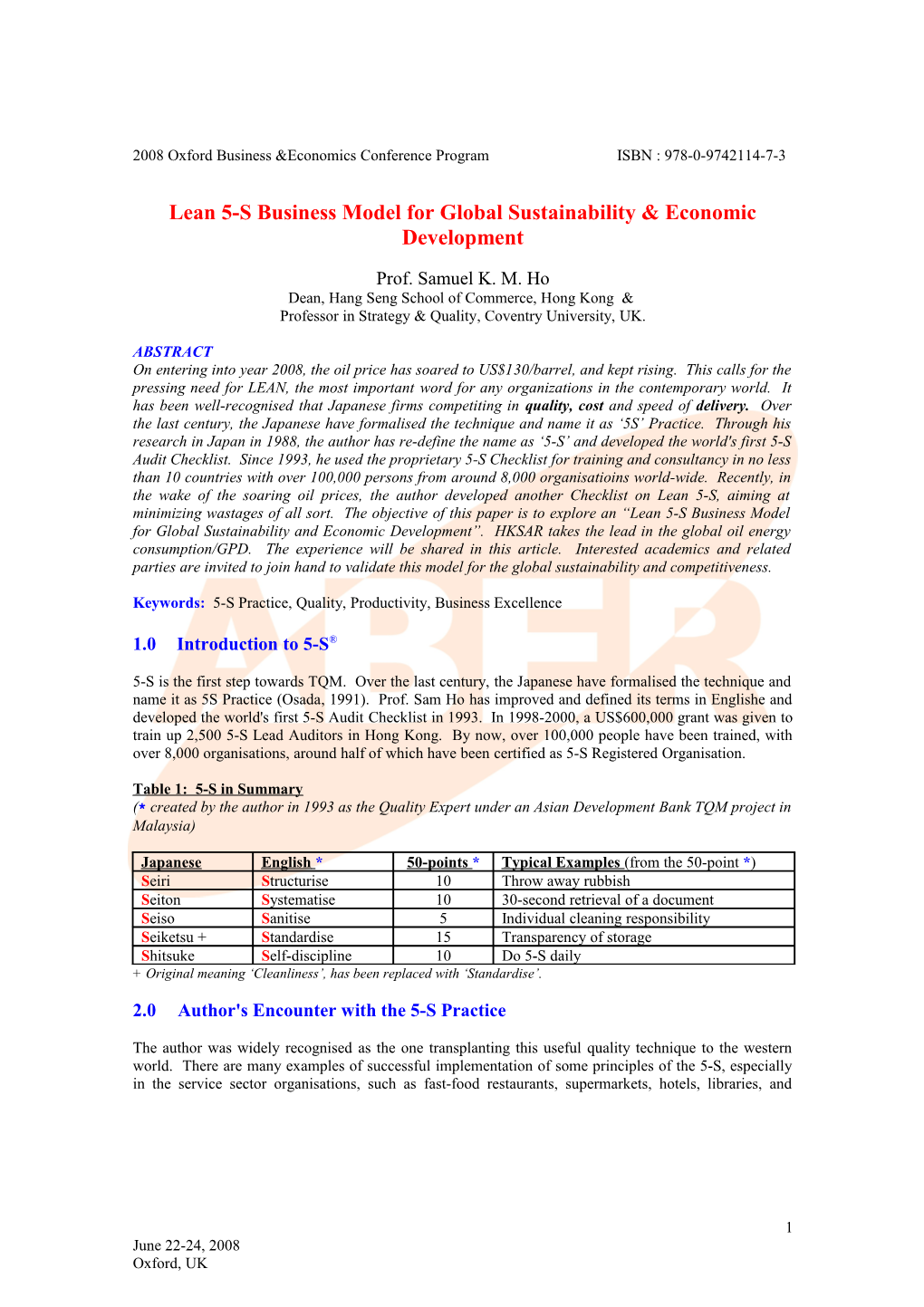 Lean 5-S Business Model For Global Sustainability & Economic Development