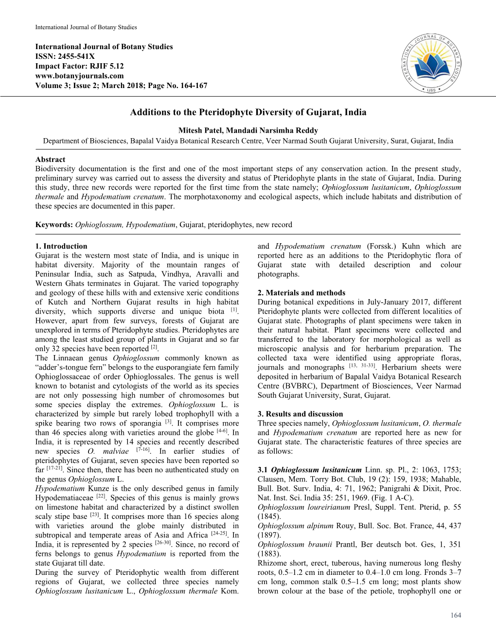 Additions to the Pteridophyte Diversity of Gujarat, India