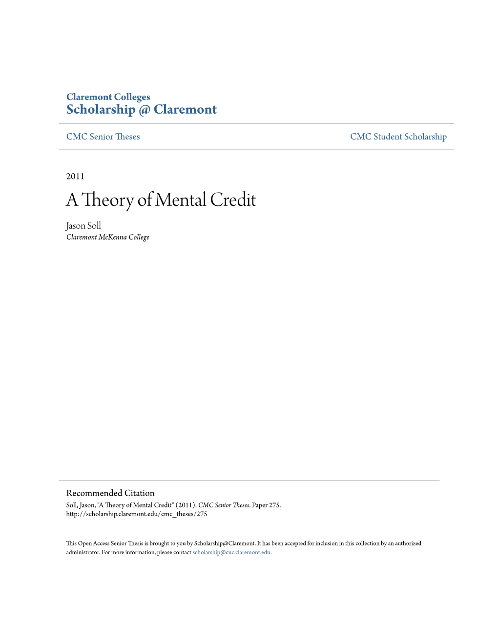 A Theory of Mental Credit Jason Soll Claremont Mckenna College