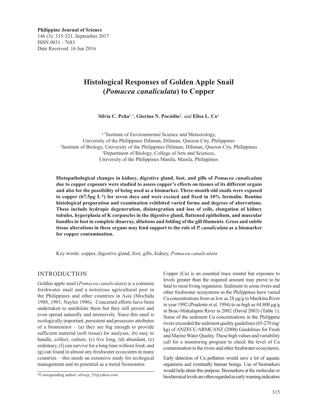 Histological Responses of Golden Apple Snail (Pomacea Canaliculata) to Copper