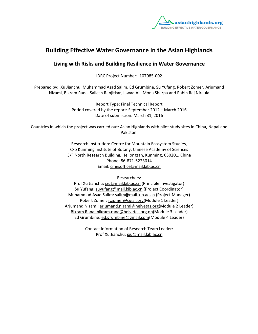Building Effective Water Governance in the Asian Highlands