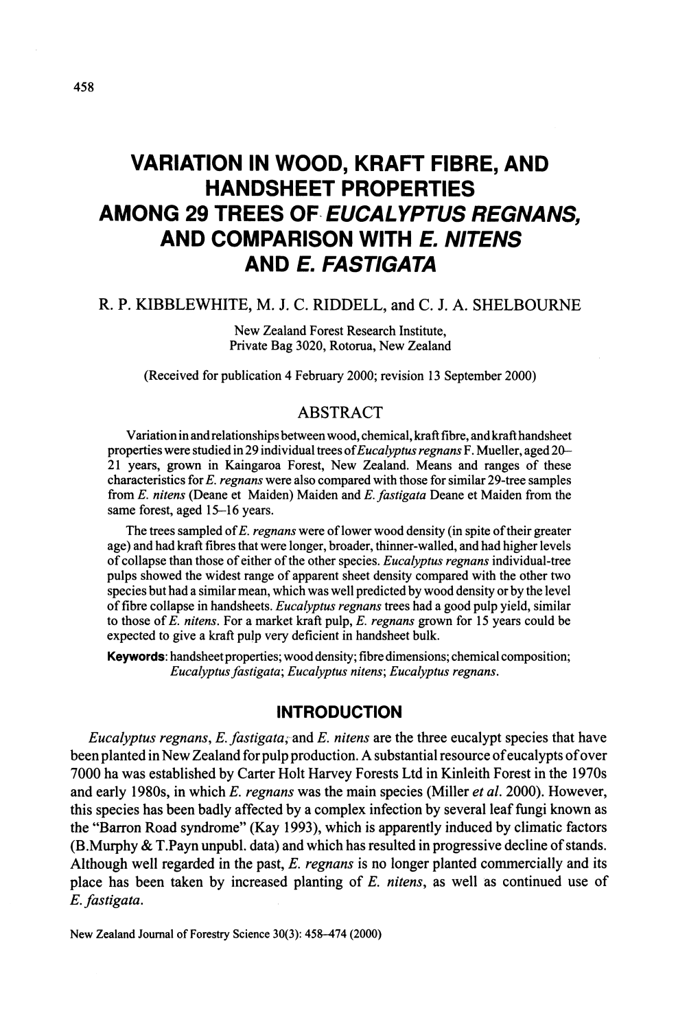 Variation in Wood, Kraft Fibre, and Handsheet Properties Among 29 Trees of Eucalyptus Regnans, and Comparison with E