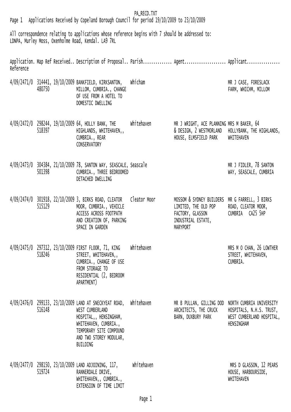 PA RECD.TXT Page 1 Applications Received by Copeland Borough Council for Period 19/10/2009 to 23/10/2009