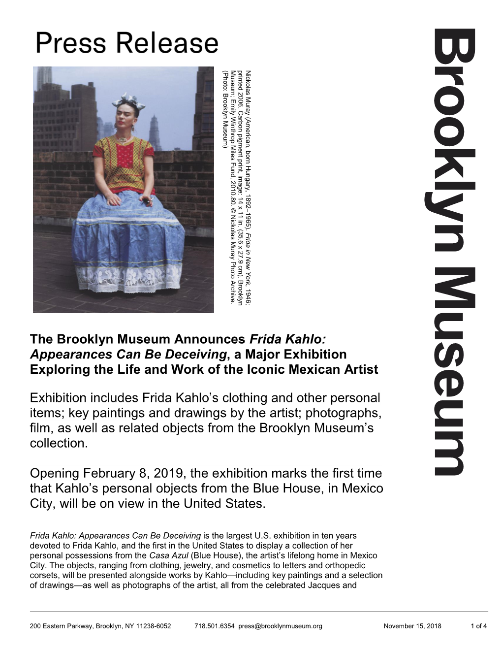The Brooklyn Museum Announces Frida Kahlo: Appearances Can Be Deceiving, a Major Exhibition Exploring the Life and Work of the Iconic Mexican Artist