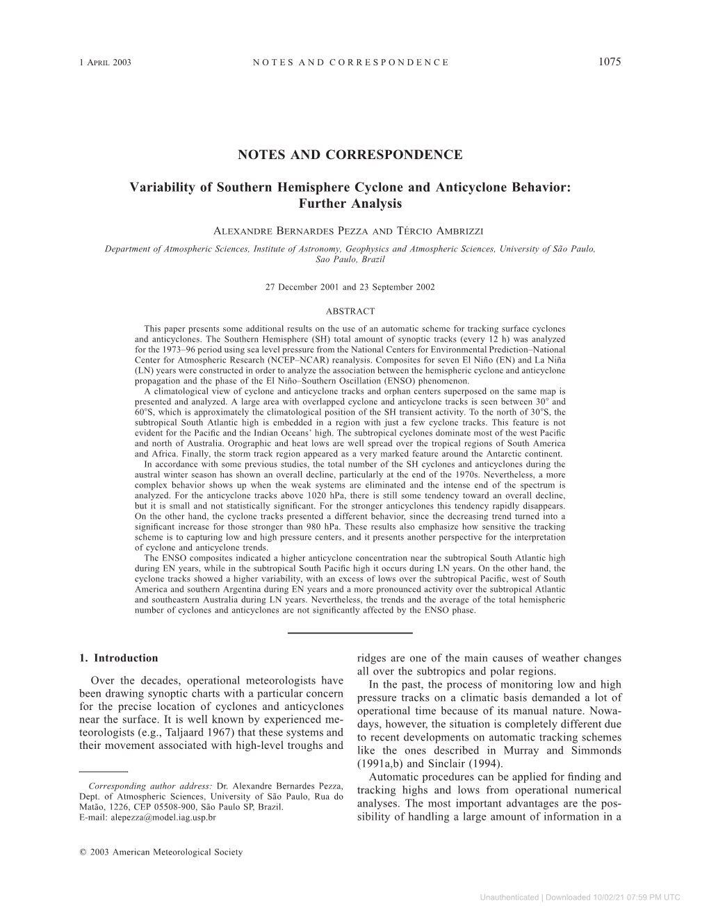 NOTES and CORRESPONDENCE Variability of Southern Hemisphere Cyclone and Anticyclone Behavior: Further Analysis