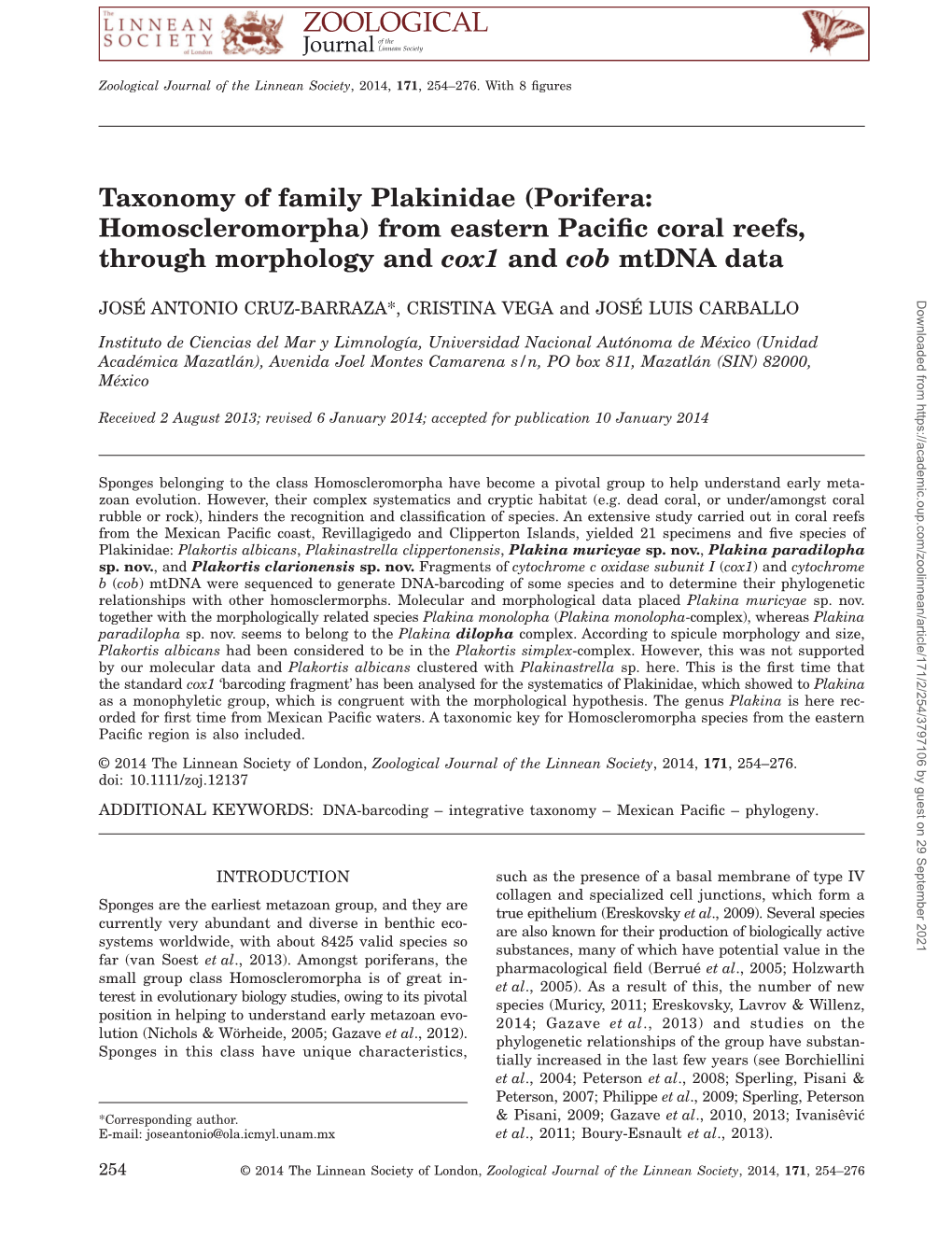 Taxonomy of Family Plakinidae (Porifera: Homoscleromorpha) from Eastern Pacific Coral Reefs, Through Morphology and Cox1 and Cob Mtdna Data