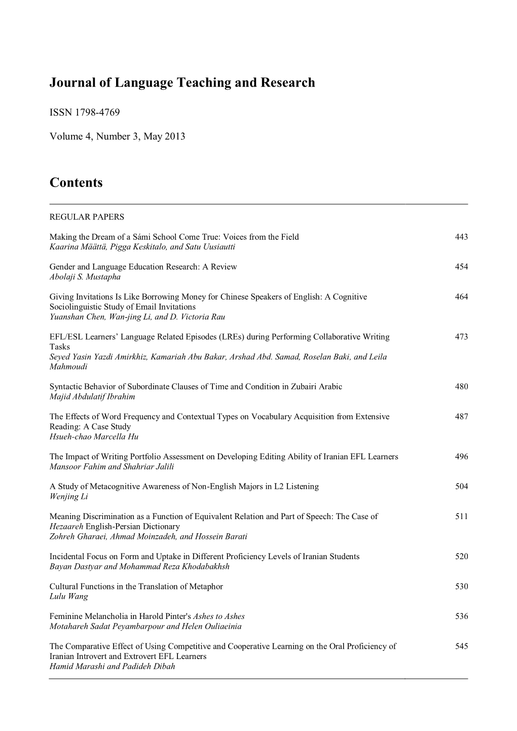 Journal of Language Teaching and Research Contents