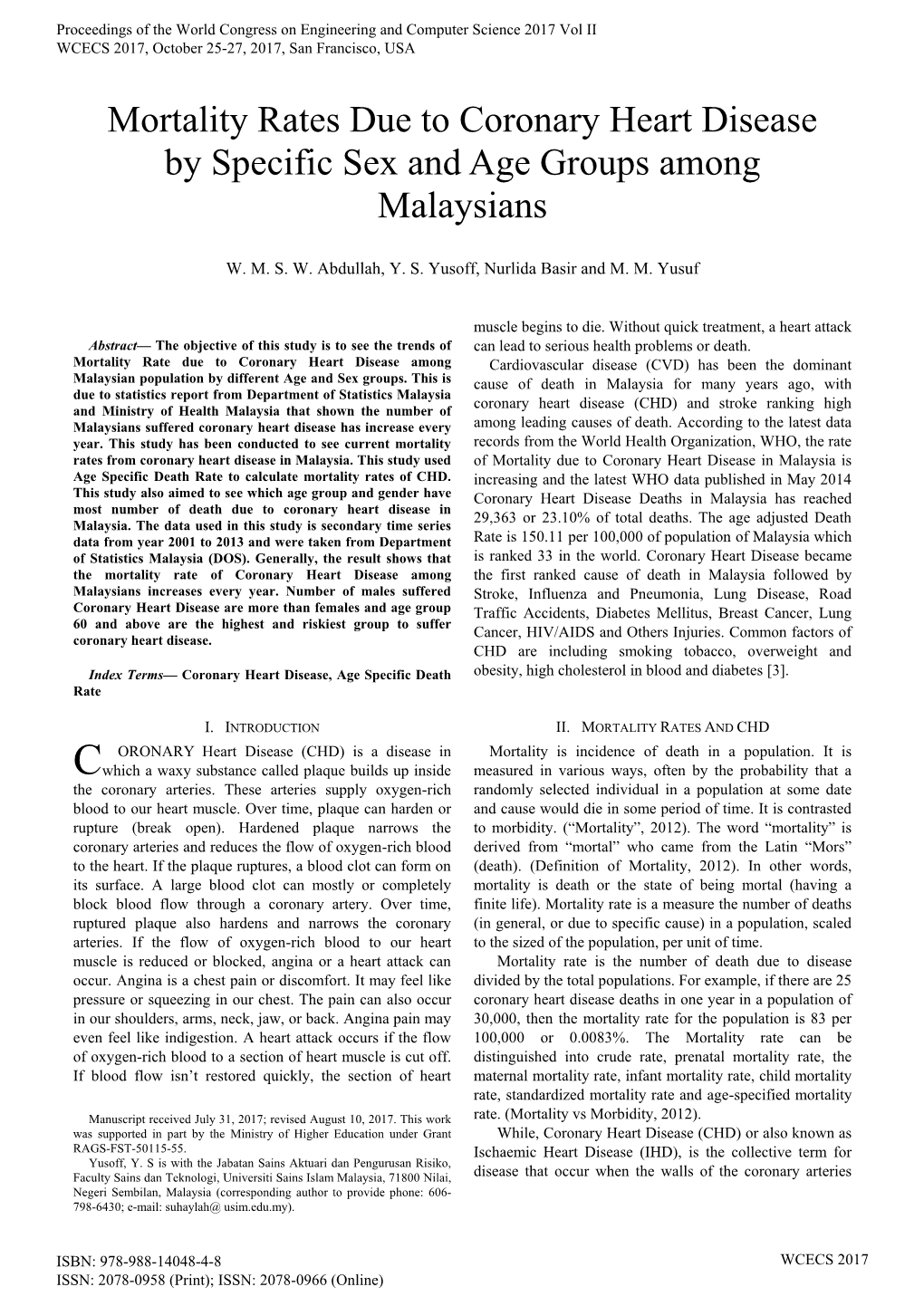 Mortality Rates Due to Coronary Heart Disease by Specific Sex and Age Groups Among Malaysians