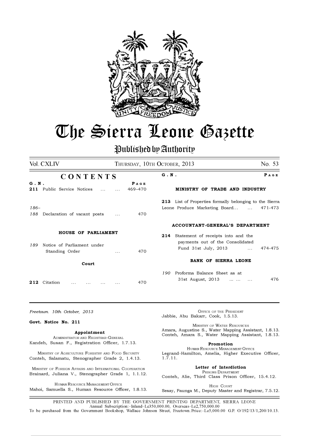 The Sierra Leone Gazette Published by Authority