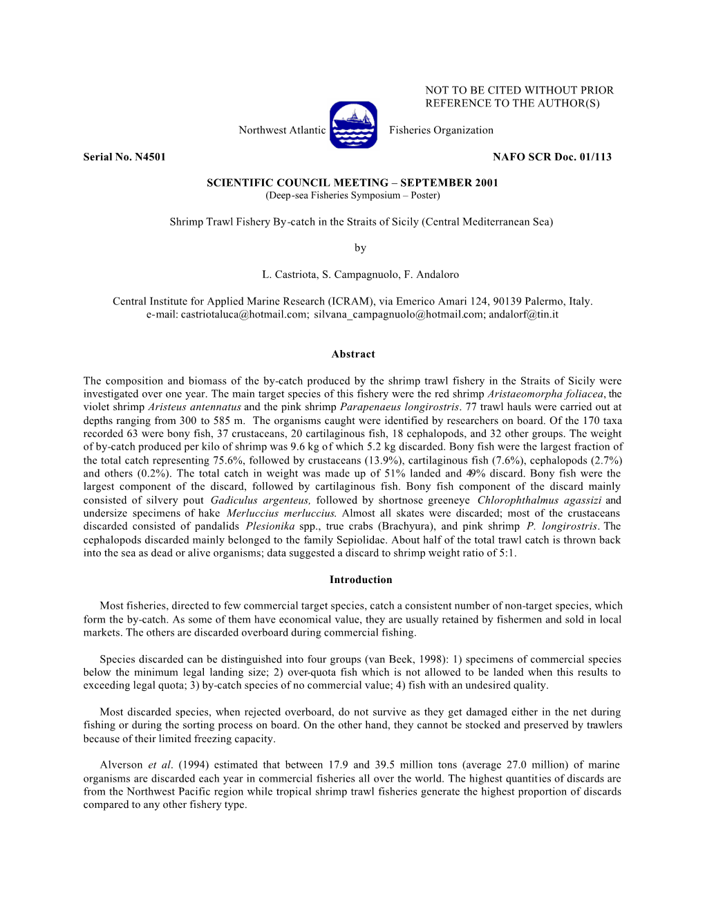 Shrimp Trawl Fishery By-Catch in the Straits of Sicily (Central Mediterranean Sea)