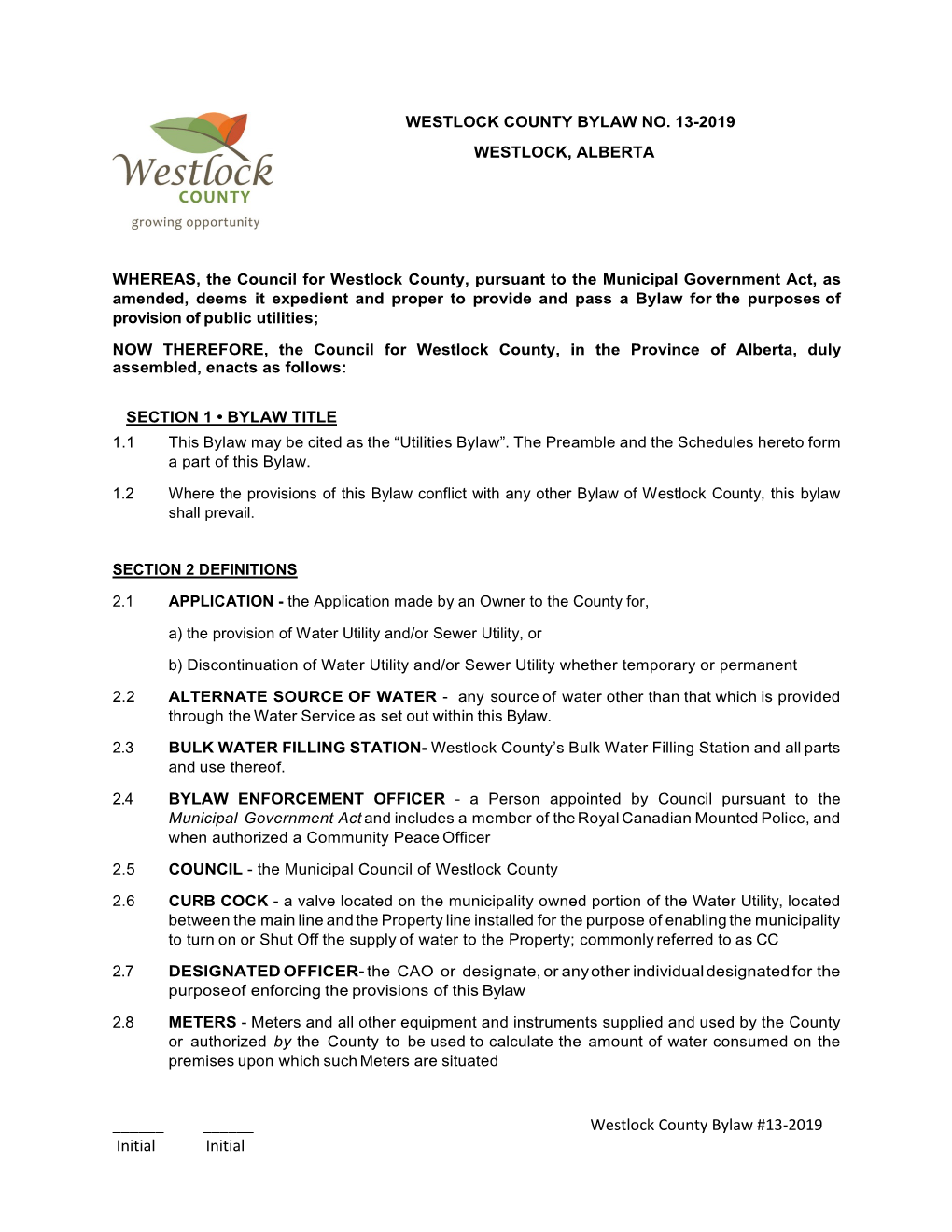 Westlock County Bylaw #13-2019 Initial Initial