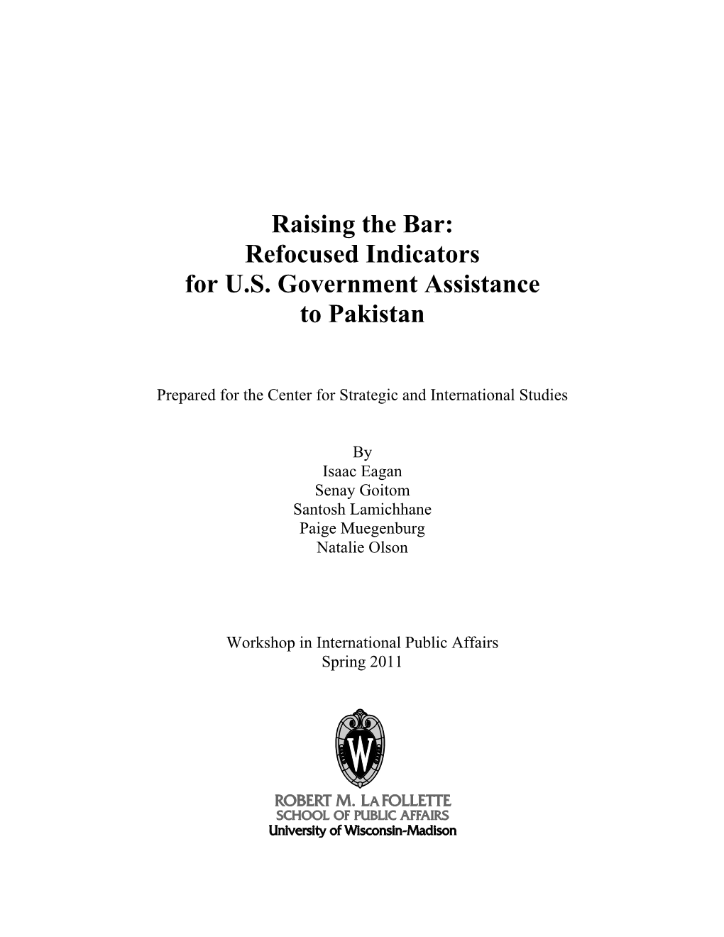 Refocused Indicators for US Government Assistance to Pakistan